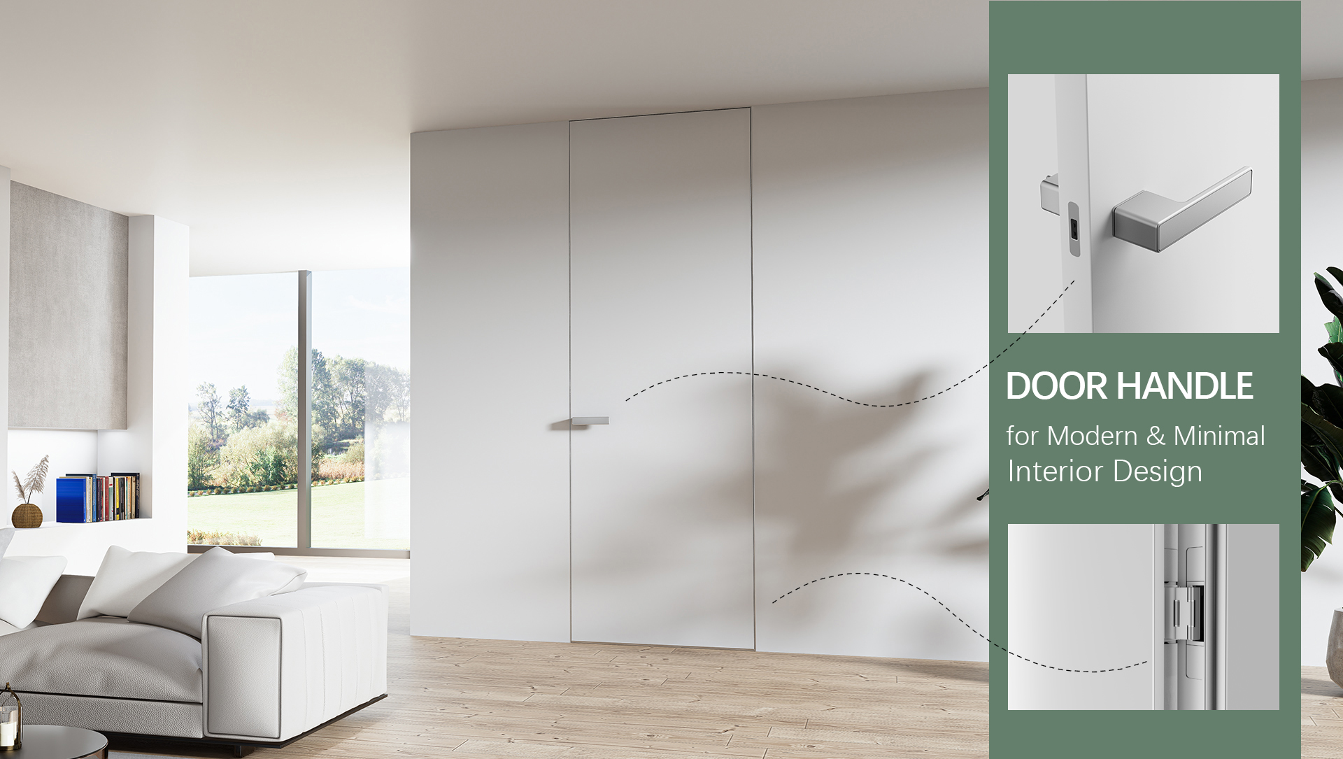 Modern minimalist interior with door handle and concealed hinge hardware