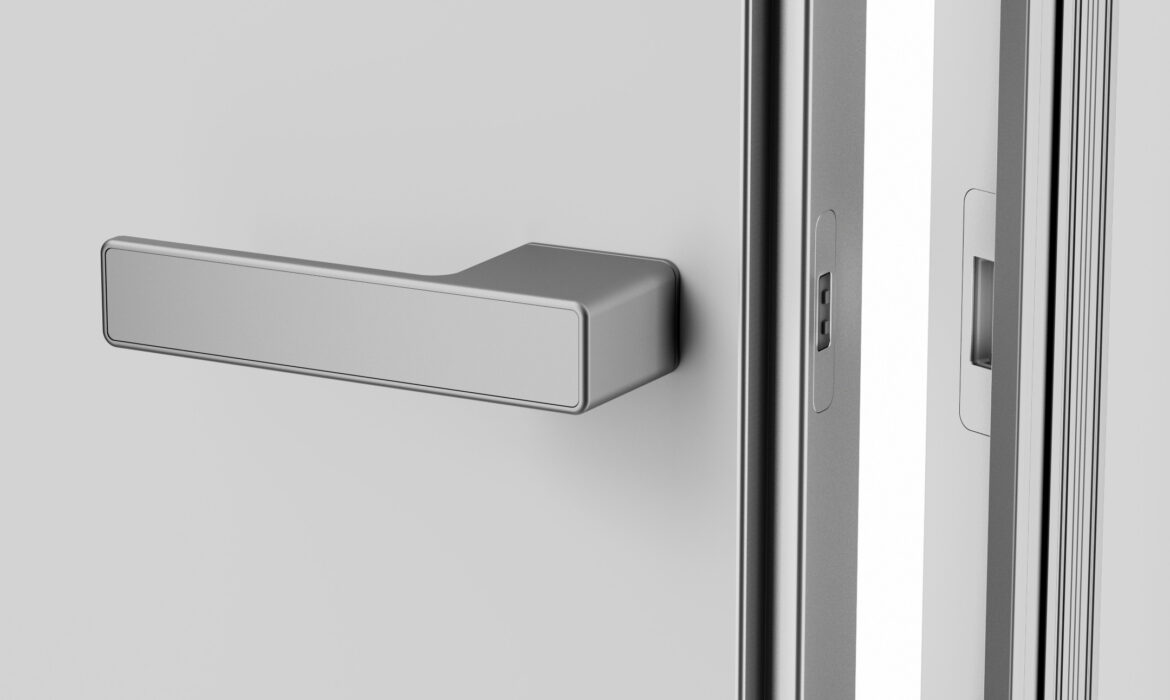 MND minimalist door lock installed on an aluminum frame door
